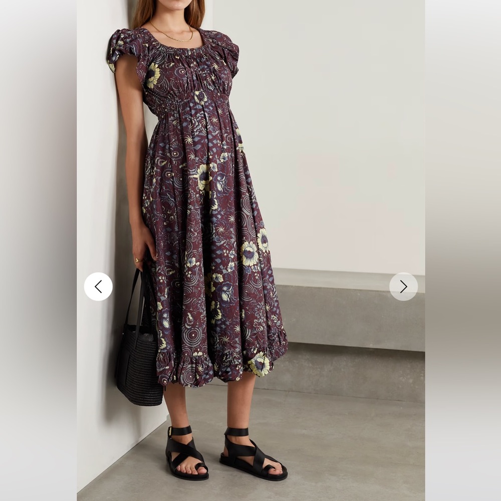Ulla Johnson floral Nanette gathered printed cotton-poplin midi dress, size 12